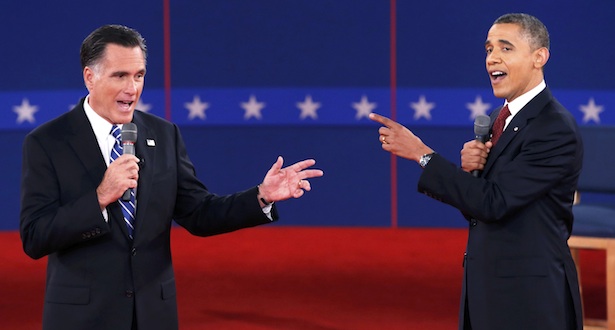 U.S. Republican presidential nominee Romney and U.S. President Obama speak directly to each other during the second U.S. presidential debate in Hempstead
